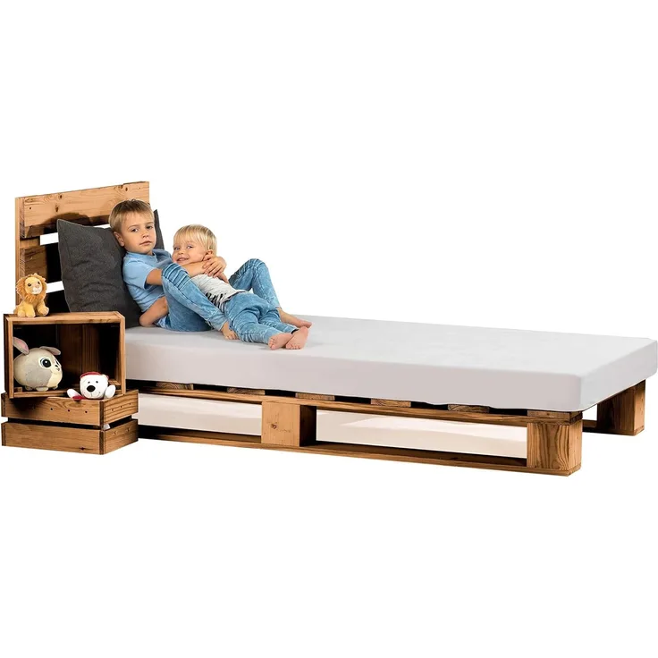 sunnypillow 120x200 cm Palettenbett mit Kopfteil Eiche Massivholzbett Bett aus Paletten Palettenmöbel Fichte europalette Fichte Eiche 80 90 100 120 140 160 180 200 220 240x200 cm