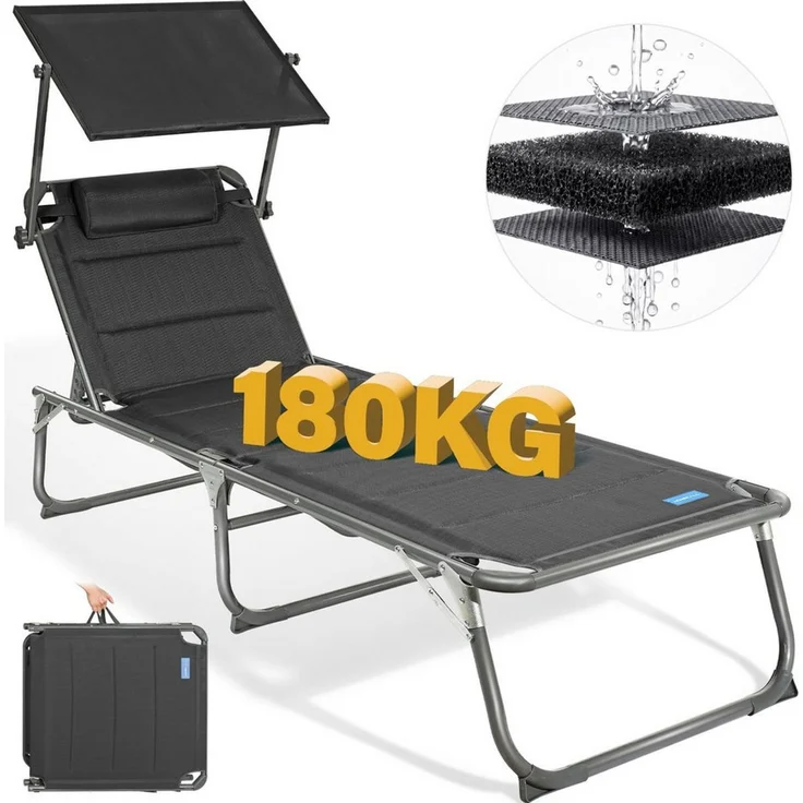 Homecall Sonnenliege mit Dach, schnell trocknender Schaumstoff, XXL, 200x70 cm - (Schwarz) – Bild 1