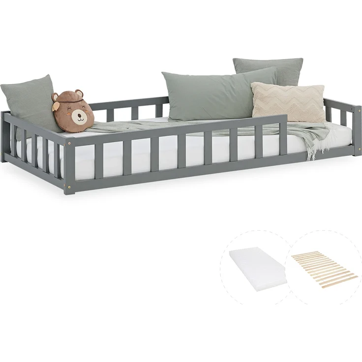 Kinderbett 90x200 mit Matratze Bodenbett mit Rausfallschutz Grau Montessori Bett Kleinkindbett Holz Kiefer Massiv – Bild 1