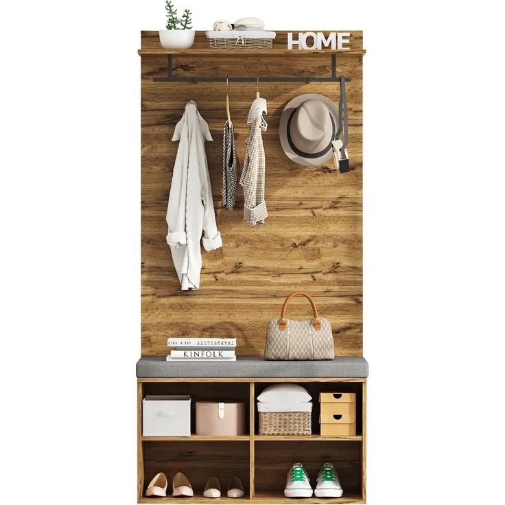 175 cm hohes Garderobenset in Holzoptik mit Schuhbank, verstellbarem Regal, Kleiderstange und Polster – 84 x 32 cm – Praktische Flurmöbel--Eiche--97.79x41.91x13.34cm--YOUDENOVA – Bild 10