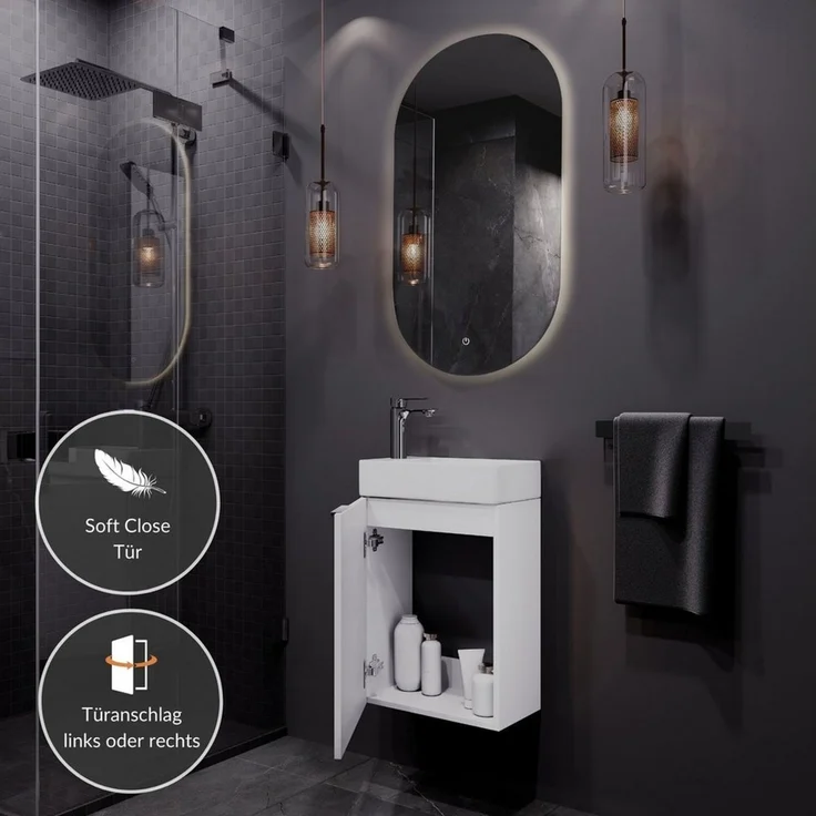 Planetmöbel Badmöbel-Set Badmöbel-Set 40cm mit Spiegel, (Waschbecken mit Unterschrank, 3-St, Spiegel mit Beleuchtung) – Bild 1