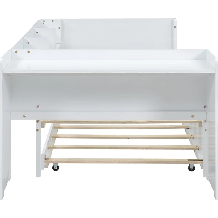 Multifunktionales Kinderbett 90x200 cm mit ausziehbarem Rollbett, Schreibtisch und Regalen, robustes Holz – Bild 9