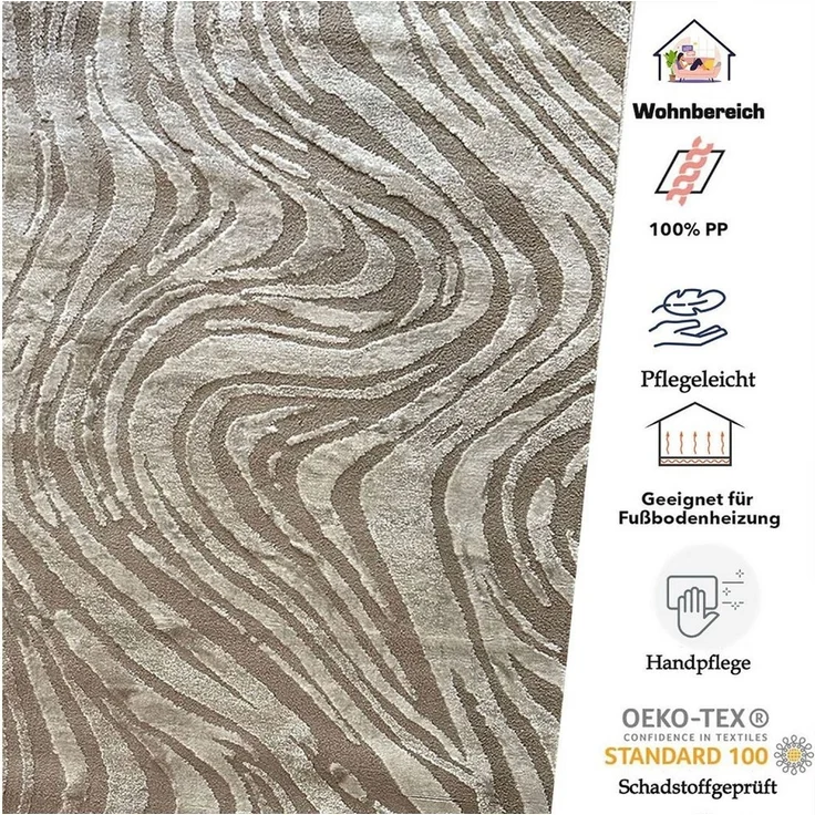Vimoda Teppich Wellenmuster, modernerer Design, dicht & weich, Rechteckig, Höhe: 11 mm, Uni, Läufer Taupe, 3D Effekt, Wohnzimmer, Schlafzimmer – Bild 4