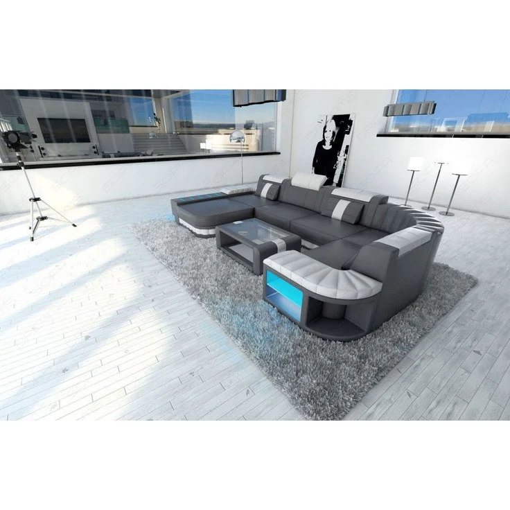 Sofa Dreams - Mini Designer Wohnlandschaft Bellagio Led U-Form - Büffelleder - Grau-Weiß - Links – Bild 6