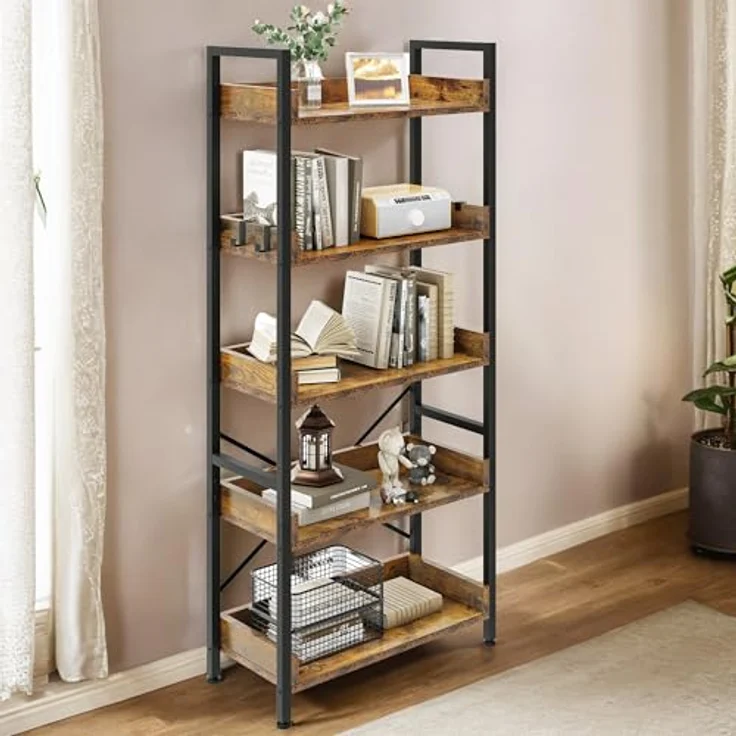YITAHOME Bücherregal mit 5 Ebenen, Bodenstehende Standregal mit stabilem Stahlrahmen, Regaleinheit, Industrielles Aufbewahrungsregal mit 4 Haken, für Wohnzimmer, Heimbüro, Vintagebraun Lagerregale – Bild 2
