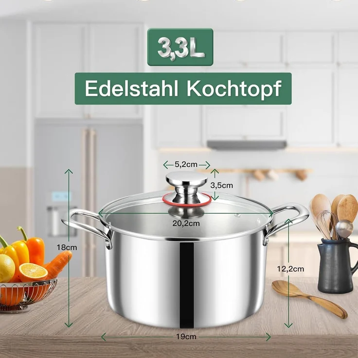 Onader 3-Lagen Edelstahl Kochtopf Induktion 3,3L Glasdeckel Suppentopf 20cm – Bild 2