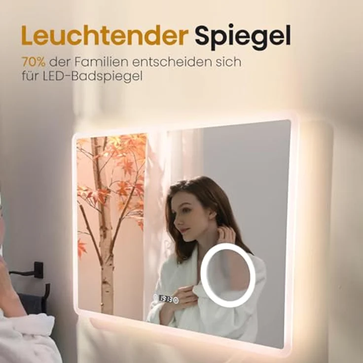 EMKE LED Badspiegel 80x60cm Uhr Beschlagfrei Kaltweißes Licht 3-fache Vergrößerung Touch – Bild 6