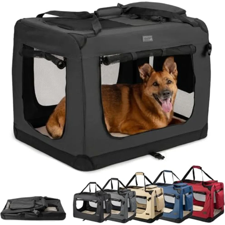lionto Hundetransportbox, Faltbar, für Reise & Auto, 82x58x58 cm, Schwarz | Stabile Hundebox aus Stoff mit Netzfenstern, Tragegriffen, weicher Decke & Taschen, für Katzen & Hunde bis 18 kg geeignet – Bild 1