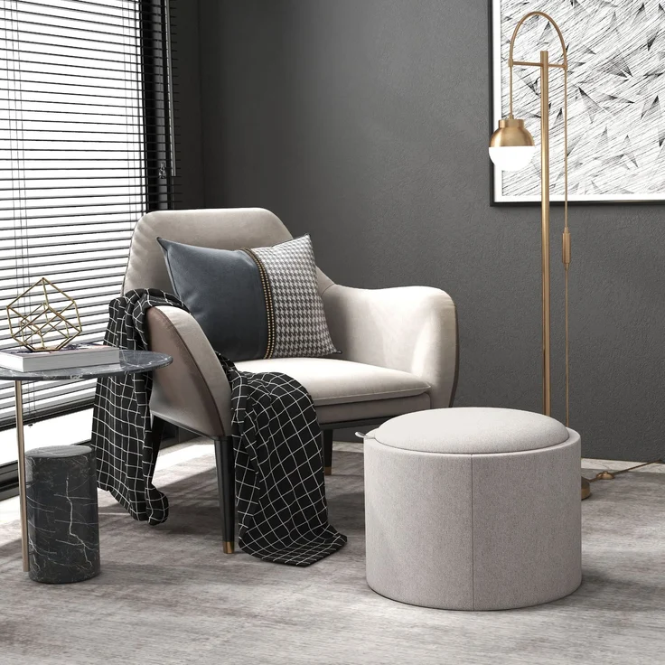 HOMCOM Sitzhocker, Polyester, MDF, Hellgrau, 56L x 56B x 42H cm – Bild 2