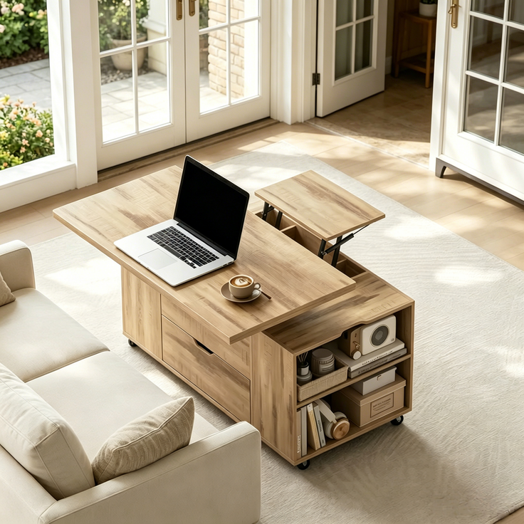 EINHOM Beistelltisch, Mobiler Couchtisch, Kleiner Esstisch, Lift-Top Wohnzimmer Tisch mit Abschließbarer Rolle, Studientisch (Nur Mit 1Pcs Studientisch) – Bild 7