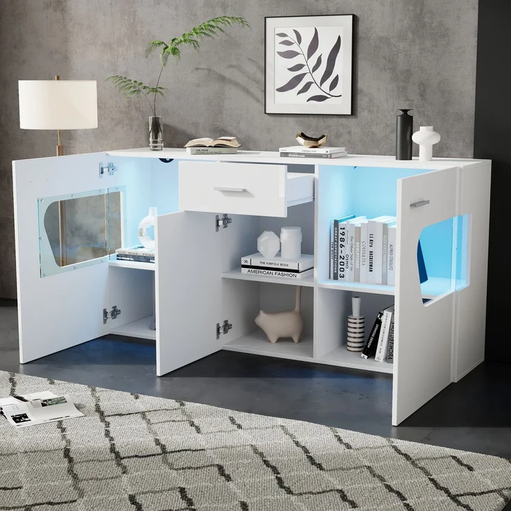DESVIAE Sideboard Weiß aus MDF – 140x70x33 cm – 3 Türen, Schublade, LED-Beleuchtung – Bild 3