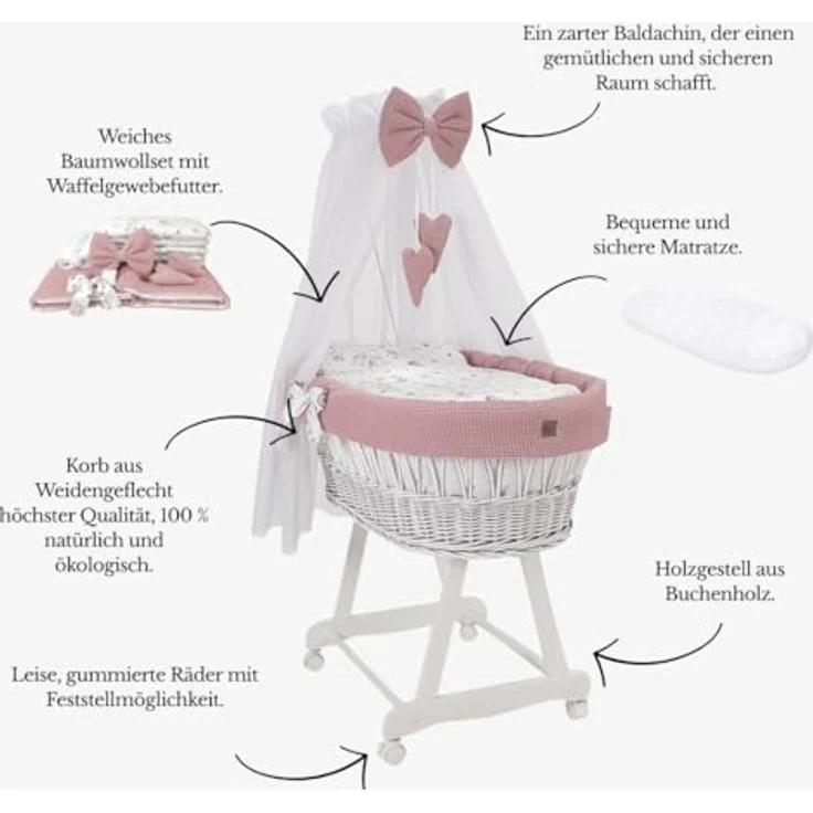 Wiklinopol Stubenwagen aus Weide mit Baldachin und Gestell Lena – Moseskorb in Weiß, Komplettset mit 5-TLG. Waffel-Bettwäsche Zirkusmotiv – Mit Rollen, Tragbar, Sicher – Bild 4