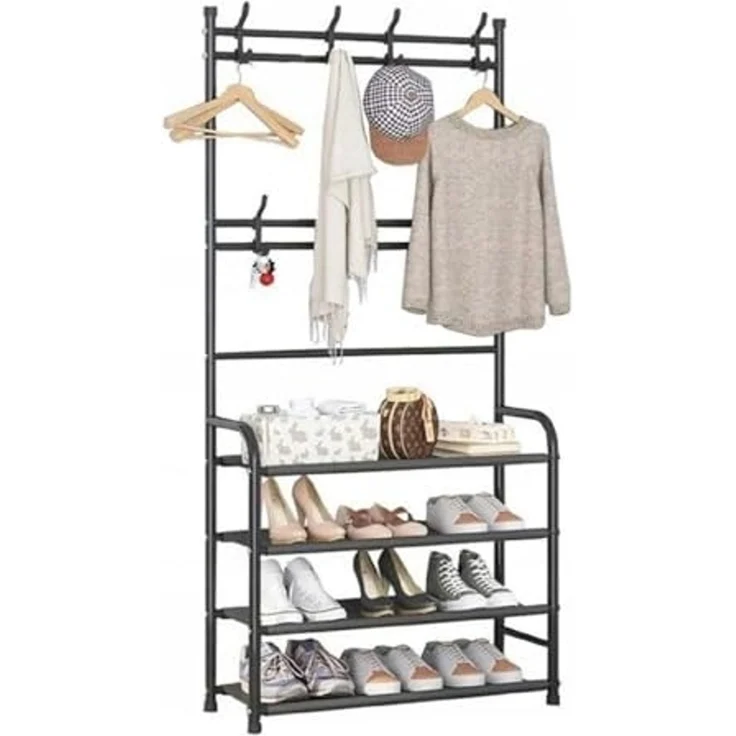 QLS Garderobenständer, mit Schuhregal 8 Haken 4 Ebenen Freistehend Stahl Schwarz – Bild 1