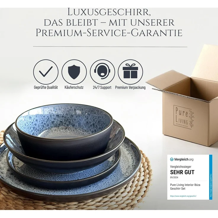 Steingut Geschirrset 6 Pers. Ibiza 24-tlg Hochwertiges Mediterranes TEST SEHR GUT Steingut Geschirr Set - Schüssel- und Teller Set - Tafelservice 6 Personen Geschirrsets Pure Living in Rauchblau – Bild 7