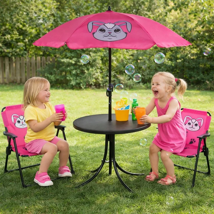 4tlg Kinder Campingmöbel Set Hase Campingstuhl Tisch Sonnenschirm – Bild 1