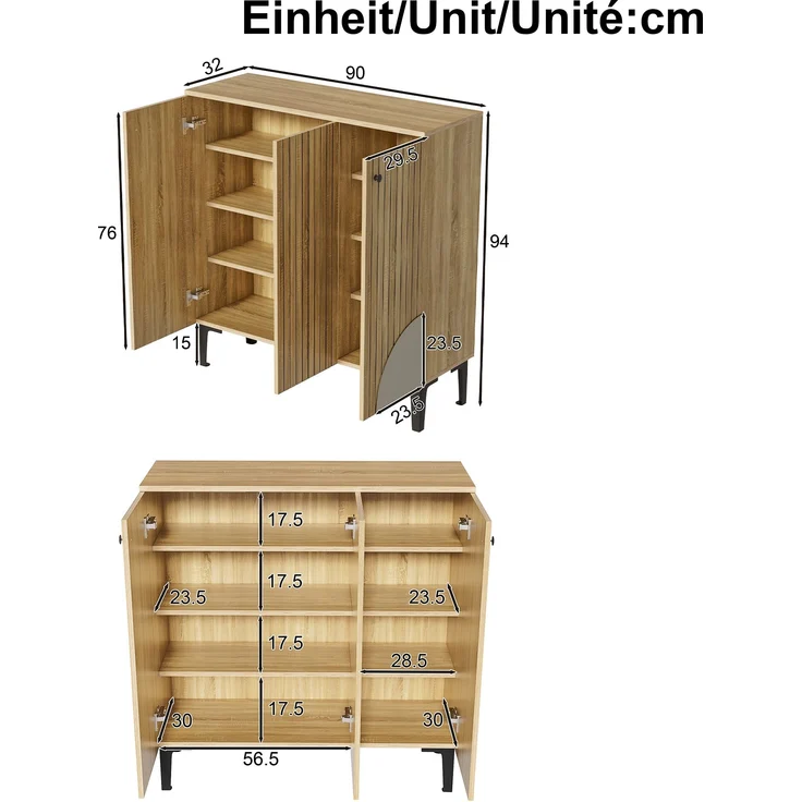 Schuhschrank in Holzoptik mit 3 Türen & Ablage, 90x32x94 cm, Holzfarbe, mit PVC-Beinen – Bild 10