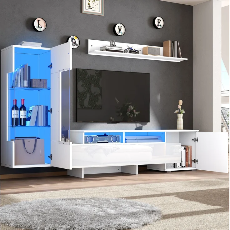 DESVIAE TV-Schrank-Set 3-tlg. mit LED-Beleuchtung 170x35x45 cm Spanplatte Weiß – Bild 3
