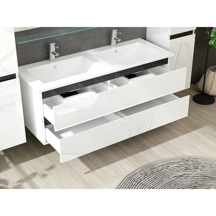 Homeline Badmöbel Set Hochglanz mit Schubladen Glas ablage (Dennis Weiss, 120 cm Doppelbecken 2X Hochschrank) – Bild 4