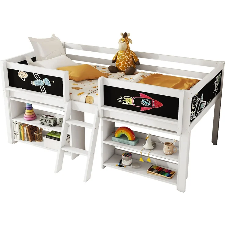 Kinder Halbhohes Bett 90x200 cm mit Aufbewahrungsfächern,Sicherheitsgeländer,stabile Leiter, Zeichentafel,multifunktionales Hochbett – Bild 8