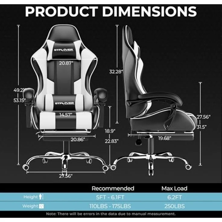 GTPLAYER Gaming Stuhl Ergonomischer Schreibtischstuhl Drehstuhl, Chefsessel mit Wippfunktion, bis 136 kg belastbar, Verlängerte und Verbreiterte Rückenlehne, Weiß – Bild 3