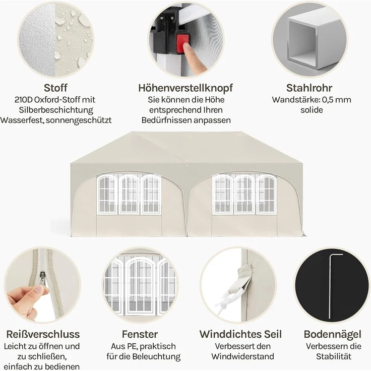 WOLTU Pavillon, Faltpavillon 3x6 m, mit 6 Seitenwänden, Partyzelt wasserabweisend UV-Schutz 50+, höhenverstellbarer Gartenpavillon, mit Tragetasche, für Outdoor Garten Camping Beige – Bild 4