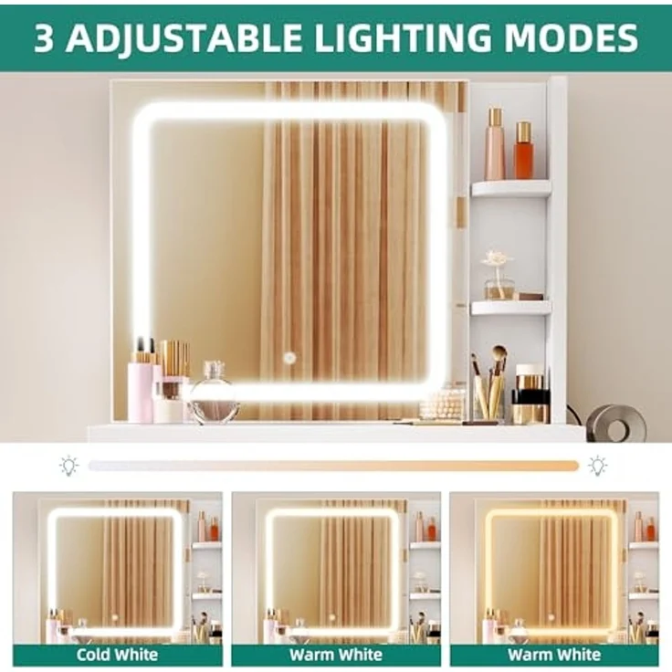 YITAHOME Klein Schminktisch mit Verstellbarer LED-Beleuchtung und Steckdosen, Frisiertisch für das Schlafzimmer, Make-up-Tisch mit transparenter Glasplatte, weiß, 80 x 40 x 140 cm – Bild 3
