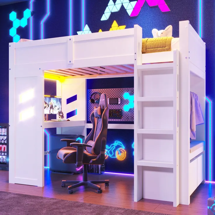 Bett 90x200 cm mit Schreibtisch und LED-Beleuchtung – Hochbett aus Kiefernholz mit Stauraum