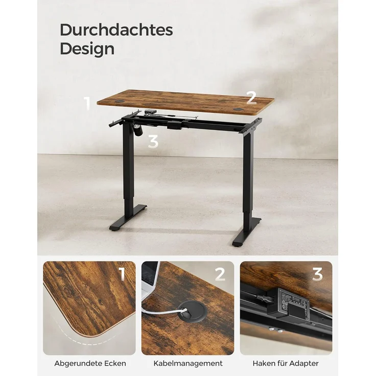 SONGMICS Höhenverstellbarer Schreibtisch elektrisch, Tischgestell, Schreibtischständer mit Motor, stufenlos verstellbar, 120 x 60 x (73-114) cm, Stahl, vintagebraun-schwarz LSD011B01 – Bild 9