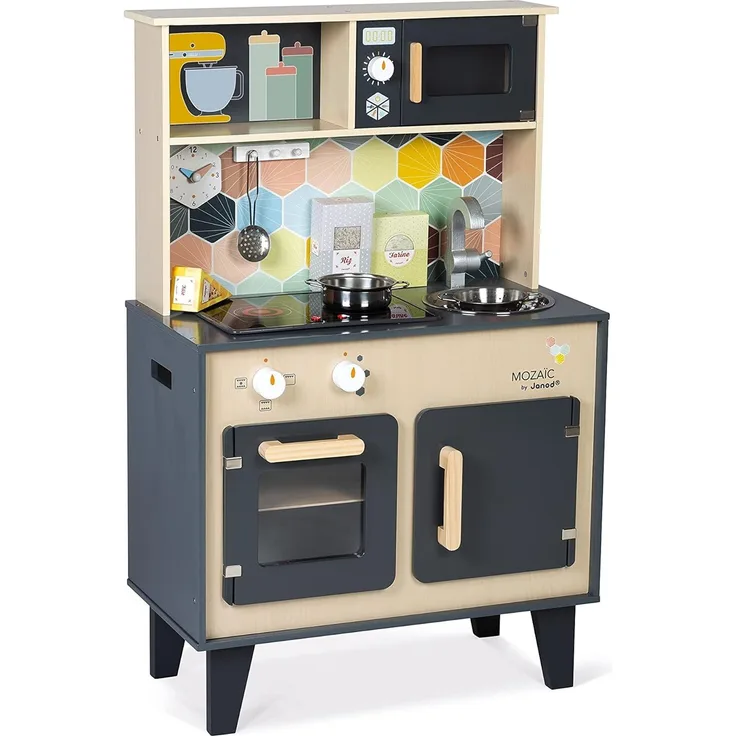 Janod - Mozaïc Big Cooker - Spielküche für Kinder - Kinderküche mit Sound und Licht - Holzküche mit 3 Zubehörteilen + 3 Lebensmittelkartons - Ab 3 Jahren