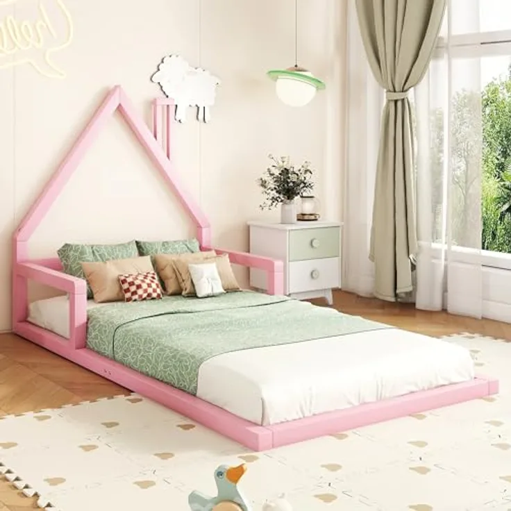FAVSH Hausbett 90x200 cm Kinderbett mit Rausfallschutz, Lattenrost und Hausdach-Design, Jugendbett aus Kiefernholz, Einzelbett für Kinder und Jugendliche, Bodenbett Rosa