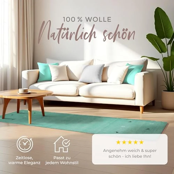 carpetfine 'Gabbeh Uni' Wollteppich, reine Wolle, Türkis, 80 x 300 cm – Bild 3