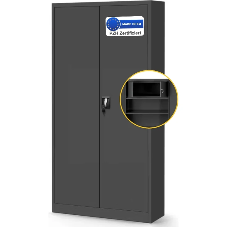 Metallschrank abschließbar KODLI - Geheimfach, 4 Ebenen | Aktenschrank Büroschrank Stahl Mehrzweckschrank Werkstatt Werkzeugschrank, 185x90x45cm Anthrazit – Bild 1