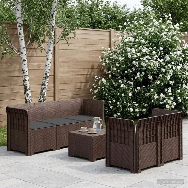 vidaXL 5-Sitzer Gartensofa mit Kissen Rattan-Look PP Braun 3443895