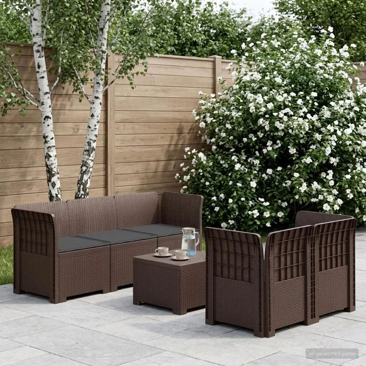 vidaXL 5-Sitzer Gartensofa mit Kissen Rattan-Look PP Braun 3443895 – Bild 1