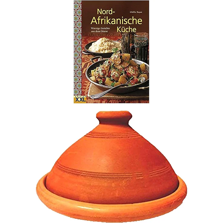 Marrakesch Orient & Mediterran Interior Dampfgartopf 2er Set, ORIGINAL Tajine Tuareg 35cm + Nord-Afrikanische Küche Buch, (2-tlg), Handarbeit – Bild 1