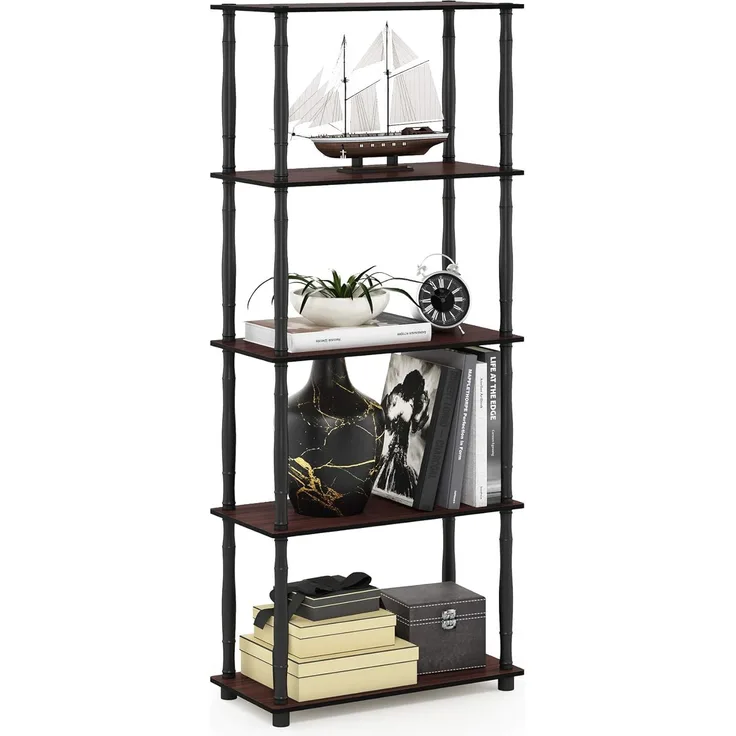 Furinno 5-Ebenen Mehrzweck-Regal mit klassischen Röhren, holz, Dunkle Kirsche/Schwarz, 29. 46x59. 94x145. 8 cm