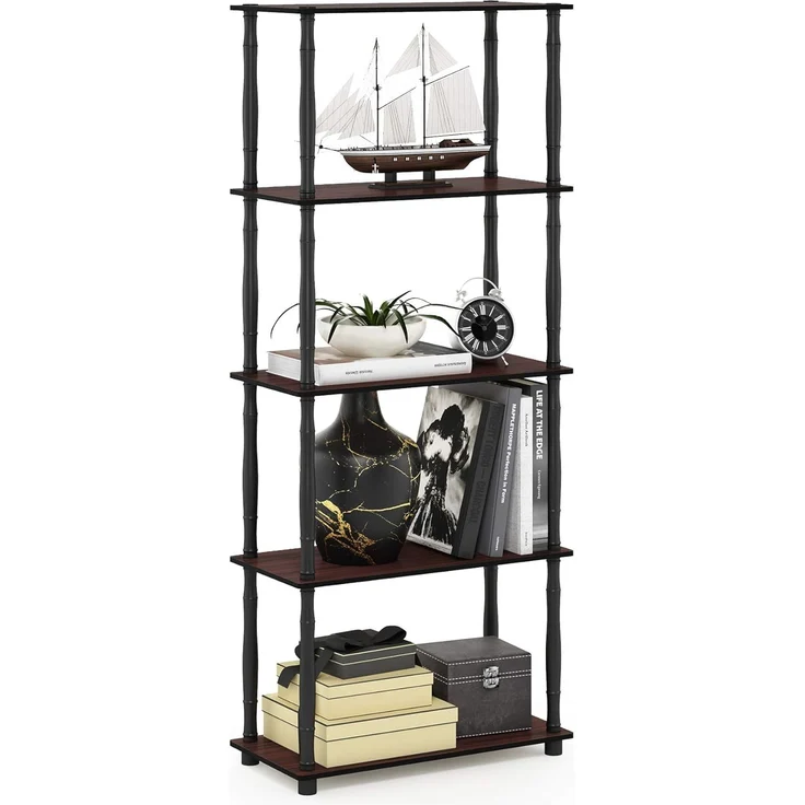 Furinno 5-Ebenen Mehrzweck-Regal mit klassischen Röhren, holz, Dunkle Kirsche/Schwarz, 29. 46x59. 94x145. 8 cm