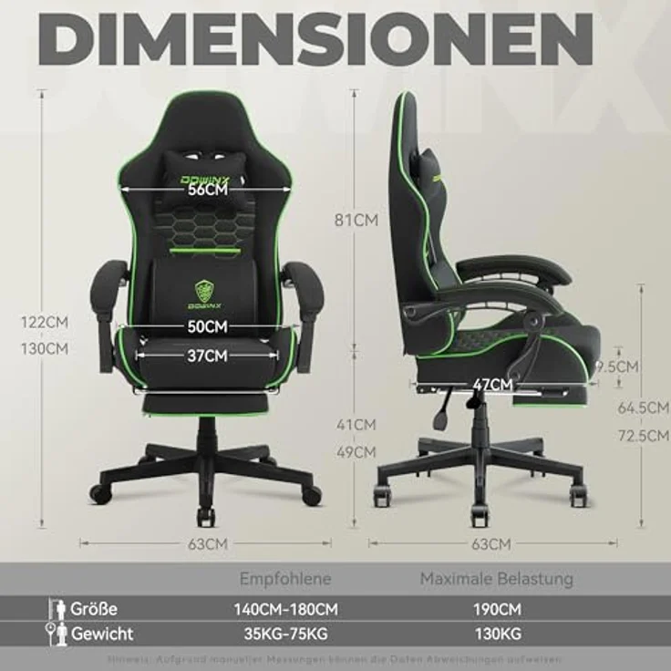 Dowinx Gaming Stuhl Bürostuhl Stoff Tasche Frühling Kissen, Massage Gamer Stuhl Stoff mit Kopfstütze, Ergonomische Bürostuhl mit Fußstütze (Schwarz und Grün) – Bild 4
