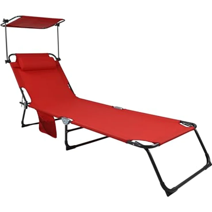 VCM Sonnenliege klappbar Bindox L, Maße ca. 185 x 24 x 55 cm, leicht und kompakt, mit verstellbarem Sonnendach in Rot und Anthrazit – Bild 1