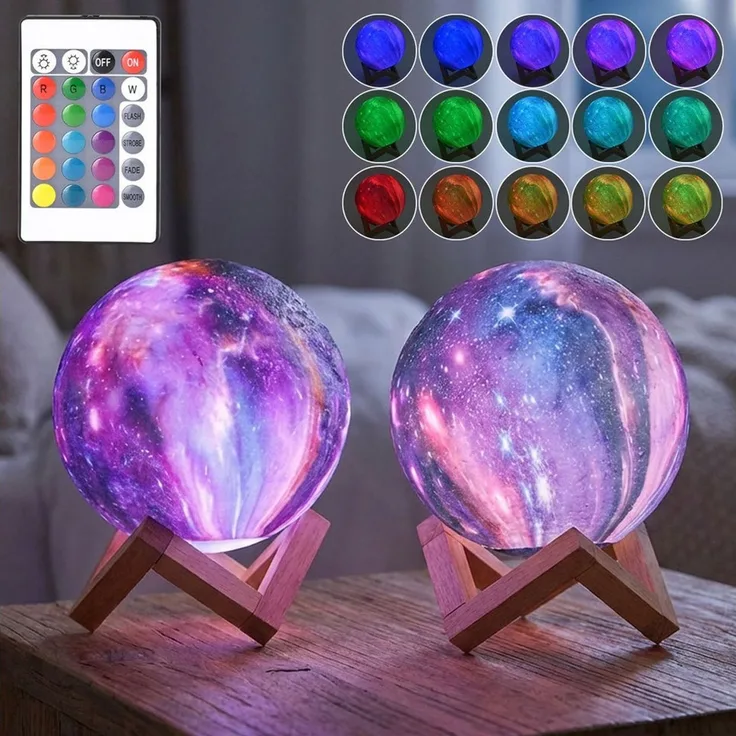 Casativo Nachtlicht 3D Galaxy Mond Lampe 15cm: 16 Farben, dimmbar, Fernbedienung & Holzfuß, Akku Nachtlicht & Deko