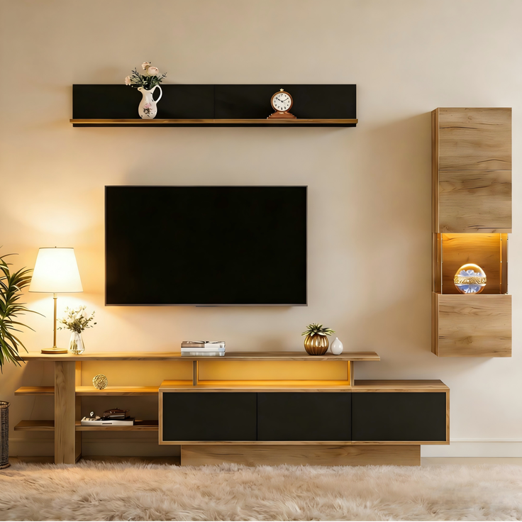DESVIAE TV-Schrank-Set 3-tlg. mit LED-Beleuchtung und 3 Schubladen 180x40x45 cm MDF Naturholz/Schwarz