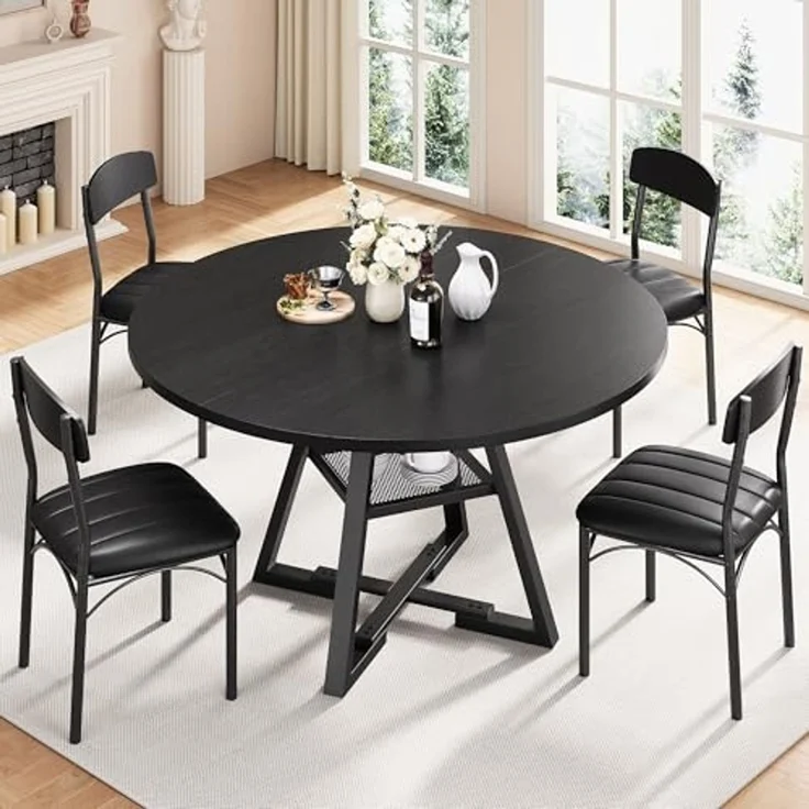 Jocoevol Runder Esstisch und 4 Esszimmerstühle Set, Essgruppe 5-Teilig, Esszimmertisch mit Ablage und 4 stühle, platzsparender Küchentisch aus Holz im Industrial Design (Schwarz, 120 x 120 x 76 cm) – Bild 1