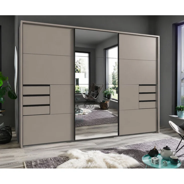 Schwebetürenschrank Kleiderschrank 3-trg 273cm Sandgrau Spiegel u. Passepartout – Bild 3