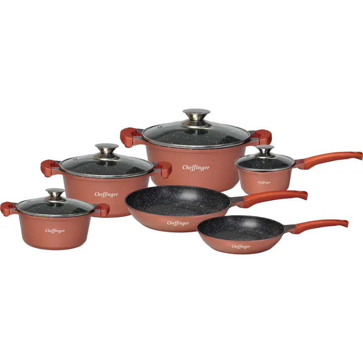 10-tlg. Kochgeschirr Set – Alu Guss mit Marmorbeschichtung, Induktionsgeeignet Copper