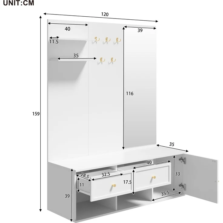 Garderobenset 120 x 35 x 159 cm in Weiß mit Spiegel, 5 Haken, Schubladen und Ablagefächern – Bild 2