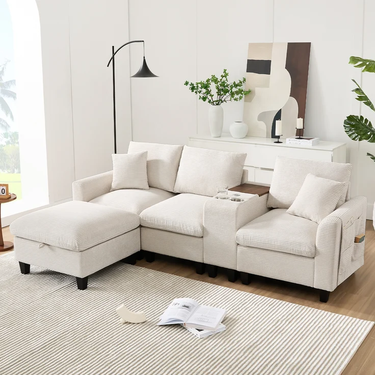 Ecksofa L-Form, umwandelbares Sofa mit Konsole Becherhaltern USB Ladeanschlüssen Armlehnen-Aufbewahrungstasche und Kissen für kleine Räume, Cordstoff, , – Bild 4