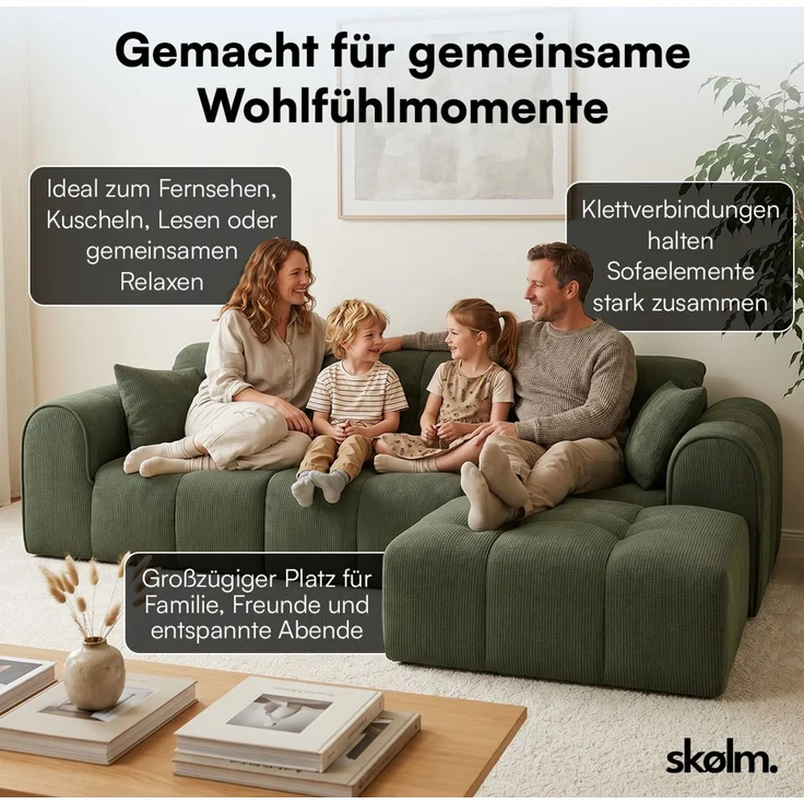 skølm 'Vanaheim' Sofa 3 Sitzer mit Hocker & 2 Kissen, Cloud Sofa dunkelgrün, Chenille-Stoff, Vollschaumcouch mit Federkern und Vakuum-Kompression, kein Aufbau erforderlich – Bild 4