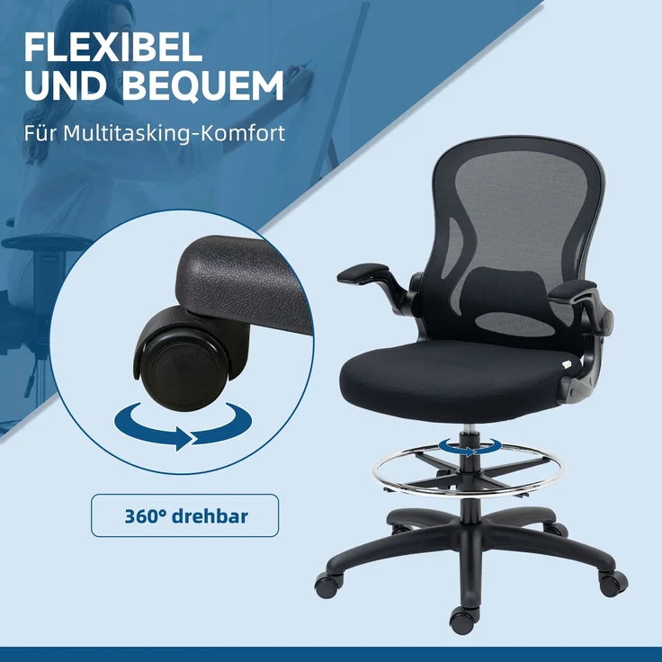 Zeichenstuhl, höhenverstellbarer Bürostuhl, mit Fußstütze, 59 cm x 65 cm x 122 cm, Schwarz--Schwarz--122x65x59cm--YOUDENOVA – Bild 10
