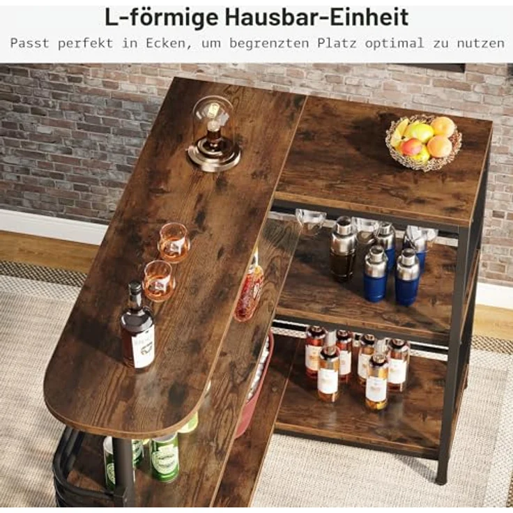 LITTLE TREE L-förmige Bar mit 3 Etagen, Likör-Bartisch, Eck-Wein-Barschrank, Mini-Bars für Zuhause, Küche, Pub, rustikales Braun – Bild 7