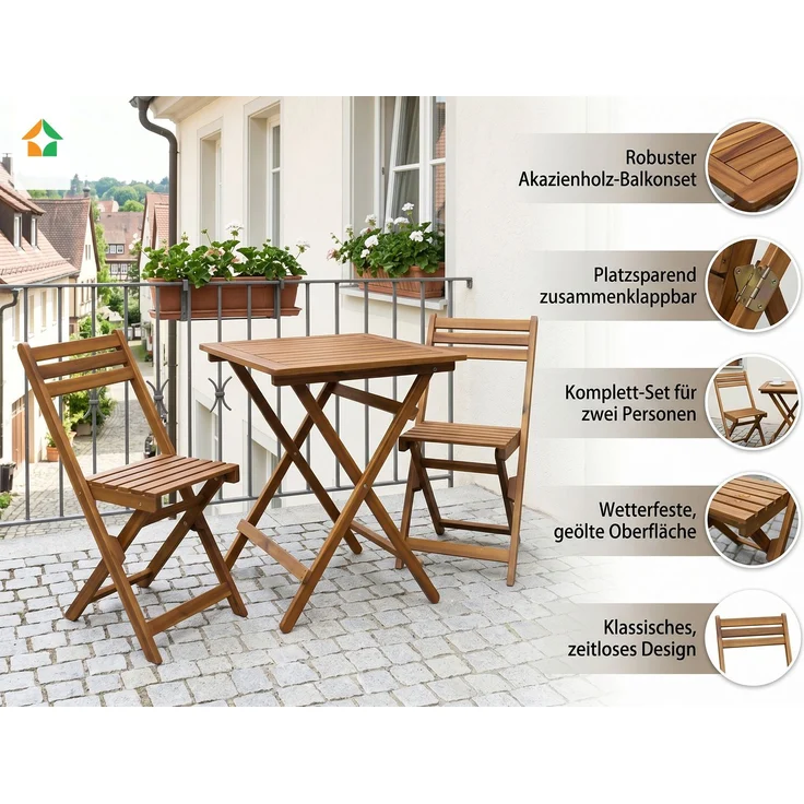 3-teiliges Balkonmöbel-Set aus Akazienholz, klappbar – Bild 1